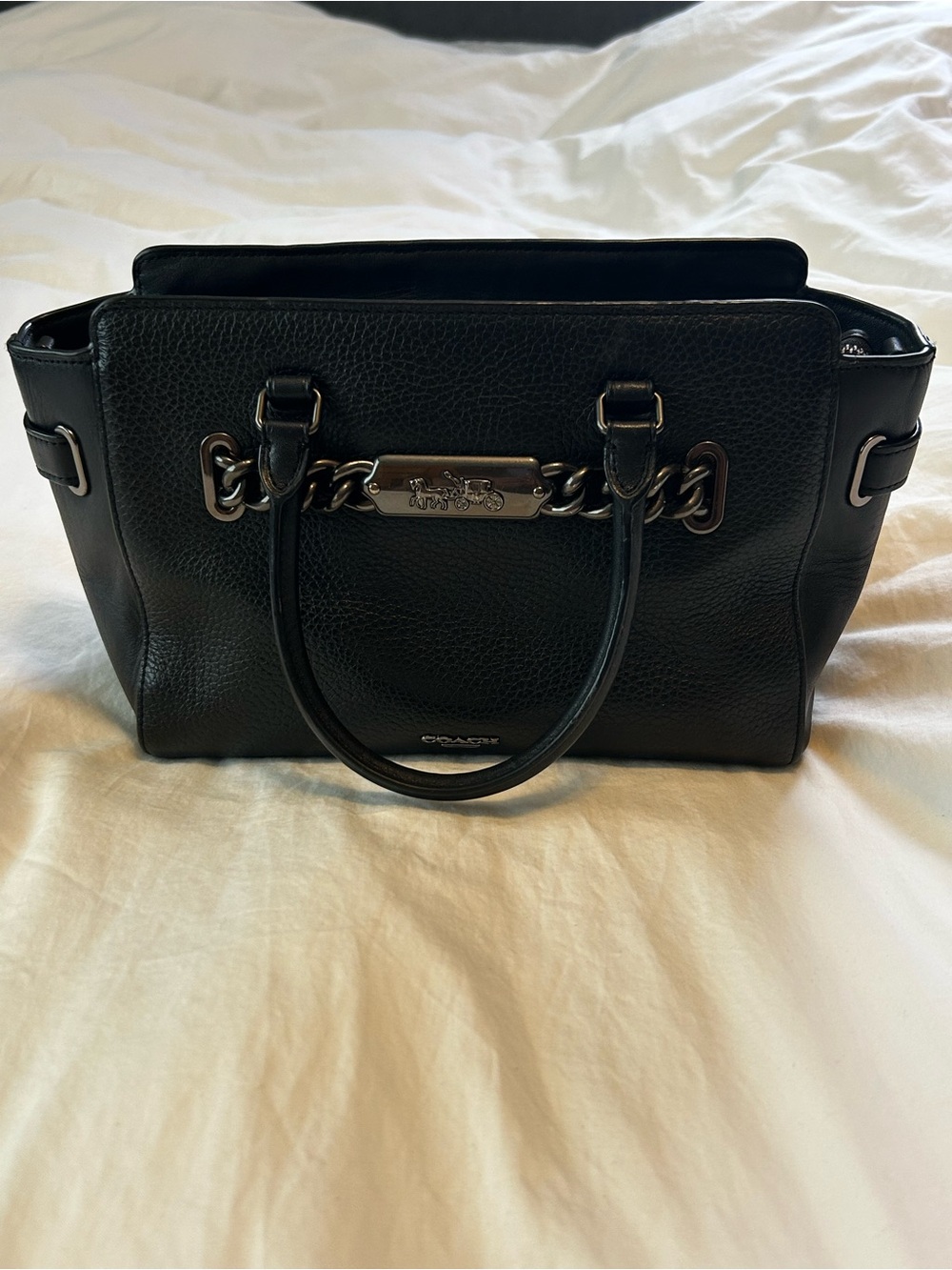 Coach Black Pebbled Leather Satchel with Chain Accent